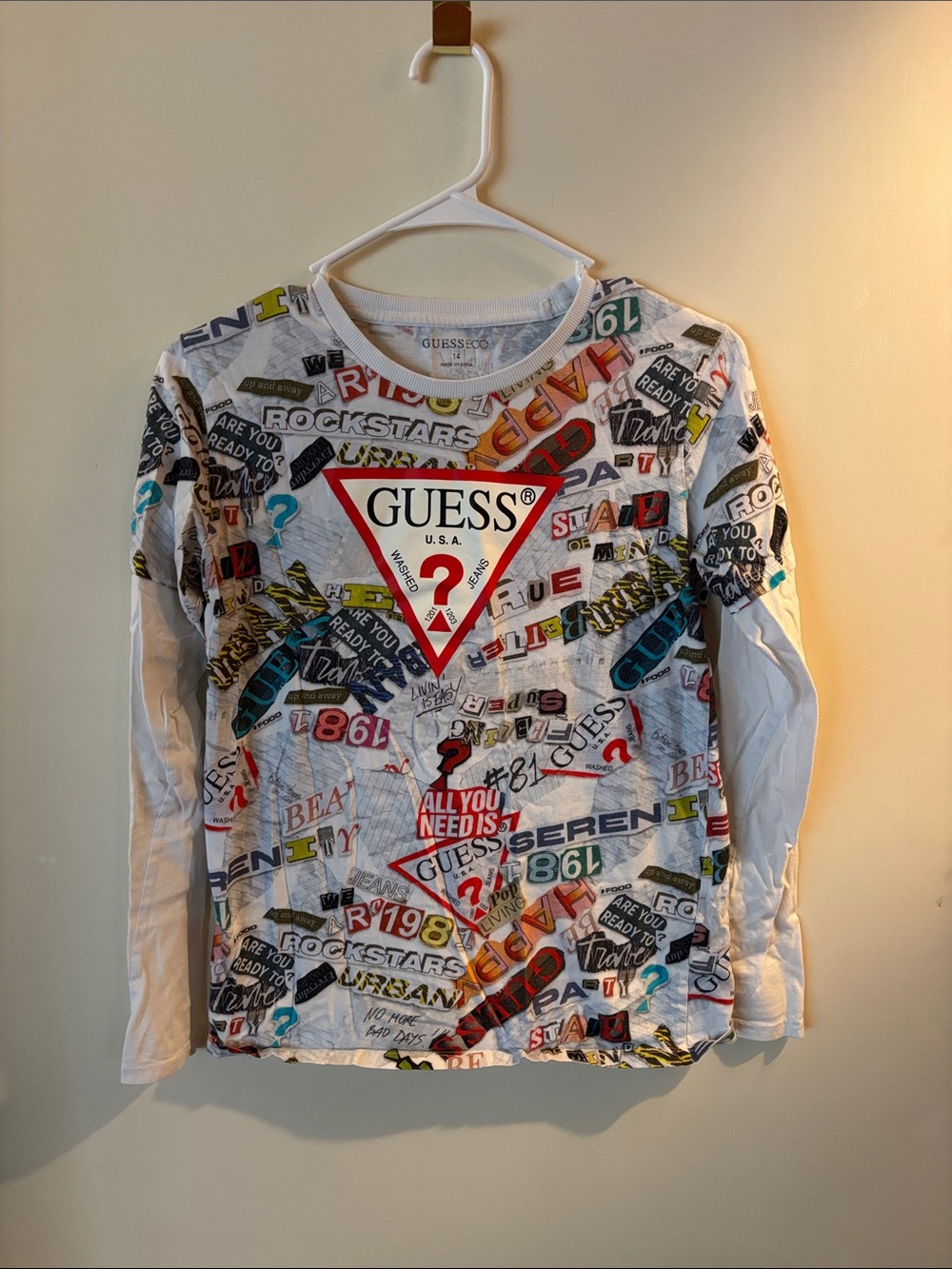 GUESS White Long Sleeve Graphic Logo Tee with Multicolor Prints